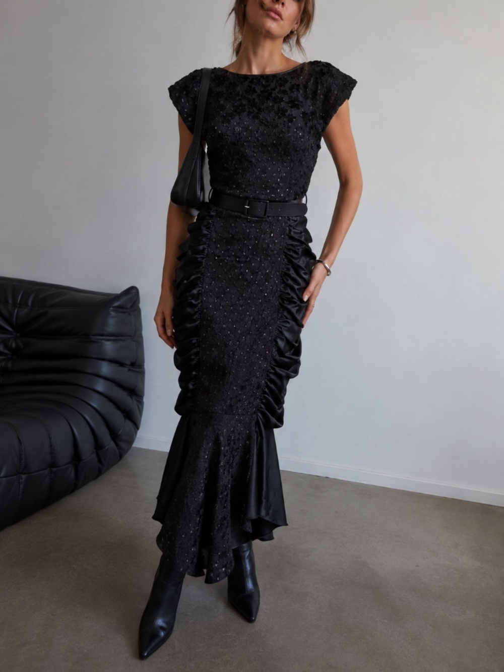 Vintage Benée Black Velvet Burnout Ruched Satin Fishtail Dress